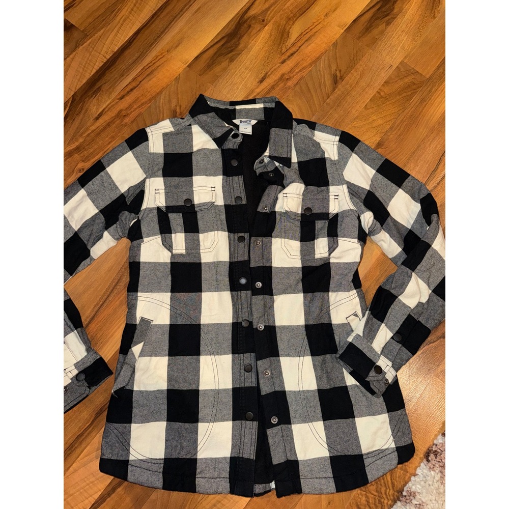 Duluth Trading Co Shirt Jacket Women XS Black White Fleece Plaid RN 106803